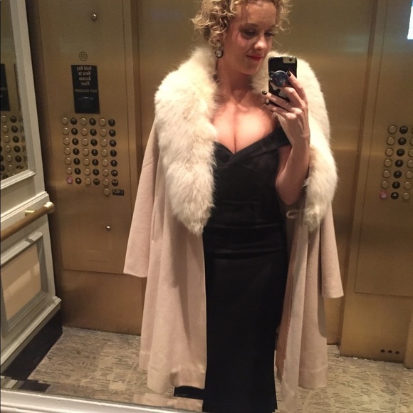 Vintage S/M full length fur coat wool fox collar camel blonde jacket winter real - Picture 12 of 13